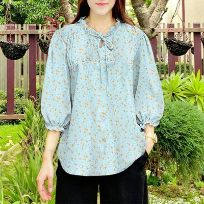 Женская повседневная блузка с круглым вырезом и рукавом 3/4 с цветочным принтом