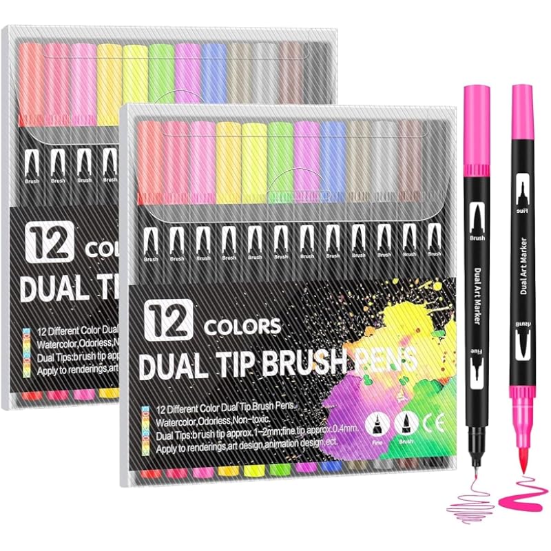 Corslet 24 Pcs Dual Tip Brush Pens 12 Shades Sketch Colour Fineliner Calligraphy Brush Pen Set Brush Markers Pen Brush D