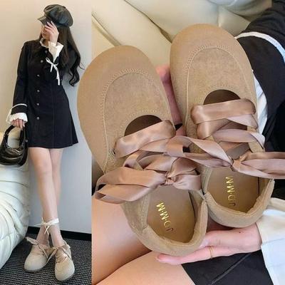 Модные французские туфли Мэри Джейн 2025 Новые Ретро Стиль Бант Сатин Кружево Плоская Универсальные Женские Одинарные