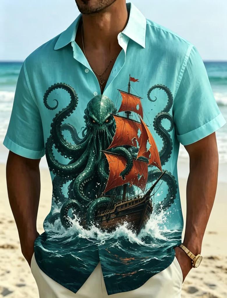 Men's Pirate Adventure Printed Short Sleeved shirt, Suitable For Vacation travel, Outdoor activities, And Lazy Pirate Style