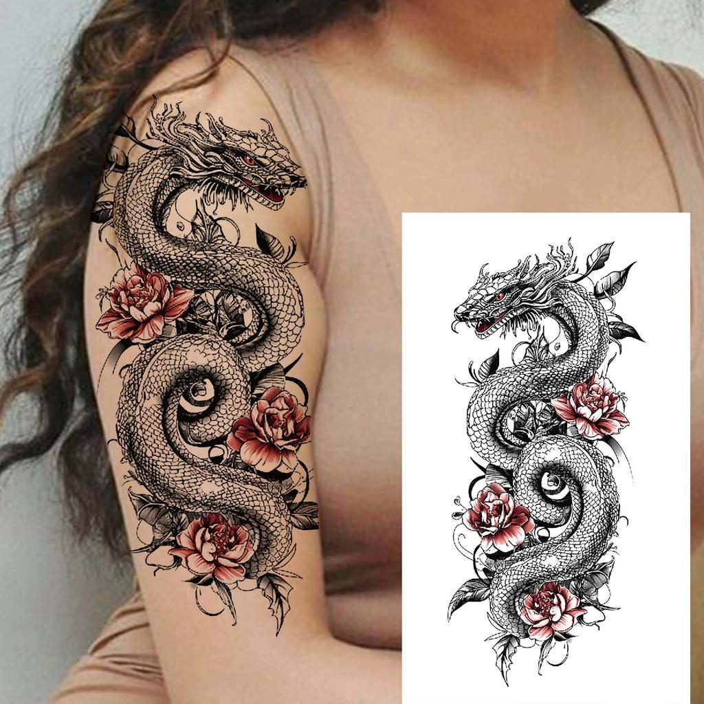1 Sheet Wolf Tiger Astronaut Dragon Skeleton Temporary Tattoos For Women Men Adults Fake Skull Flower Tattoo Sticker Waterproof