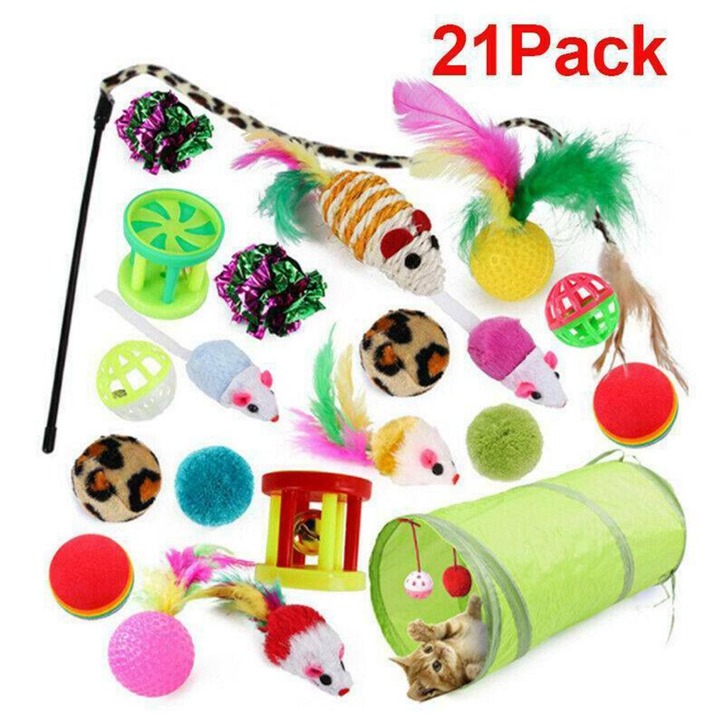 12/21PCS Playing Bulk Toy Pet Kitten Stick Mouse Collapsible Tunnel Feather Balls Cat Toys Set