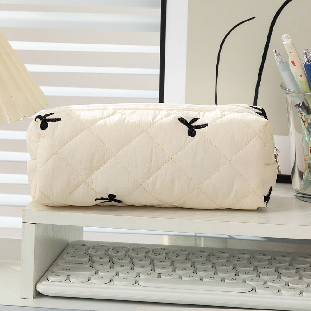 Quilted Bow Pencil Bags Large-Capacity Stationery Supplies Small Cosmetics Storage Bag