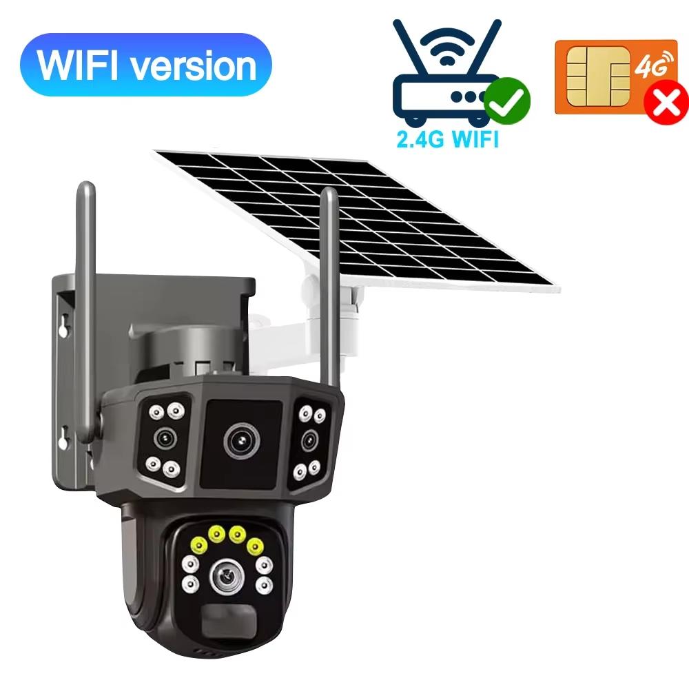 4K 8MP HD Dual Lens 4G SIM Solar Camera PTZ Auto Tracking Three Screens Outdoor Security Surveillance WIFI CCTV IP Cameras V380 APP