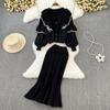 Fashionable Suit Female Retro Temperament Round Neck Ruffled Sweater Cardigan Jacket + High Waist Fish Tail Skirt Two Pieces