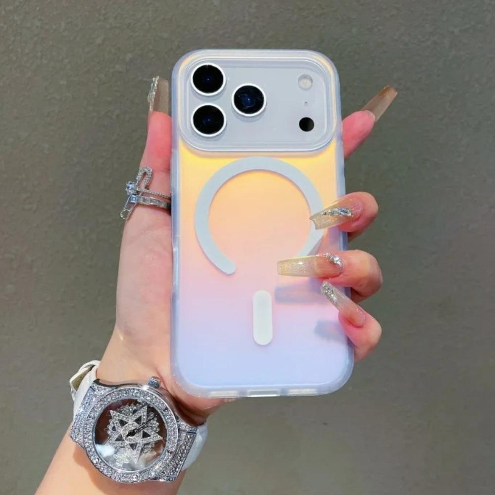 НОВИНКА для iPhone 17 16 15 14 13 12 Pro Max Лазерный меняющий цвет Матовый чехол для телефона Магнитная крышка Чехлы с градиентом Закат Небо