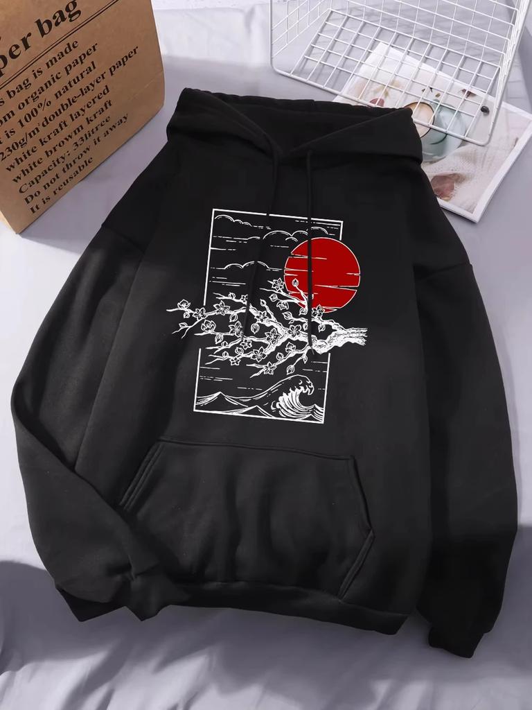 2025 Женские толстовки с принтом японской сакуры Зимние флисовые теплые свитшоты Повседневные с карманами Уличные свободные для женщин