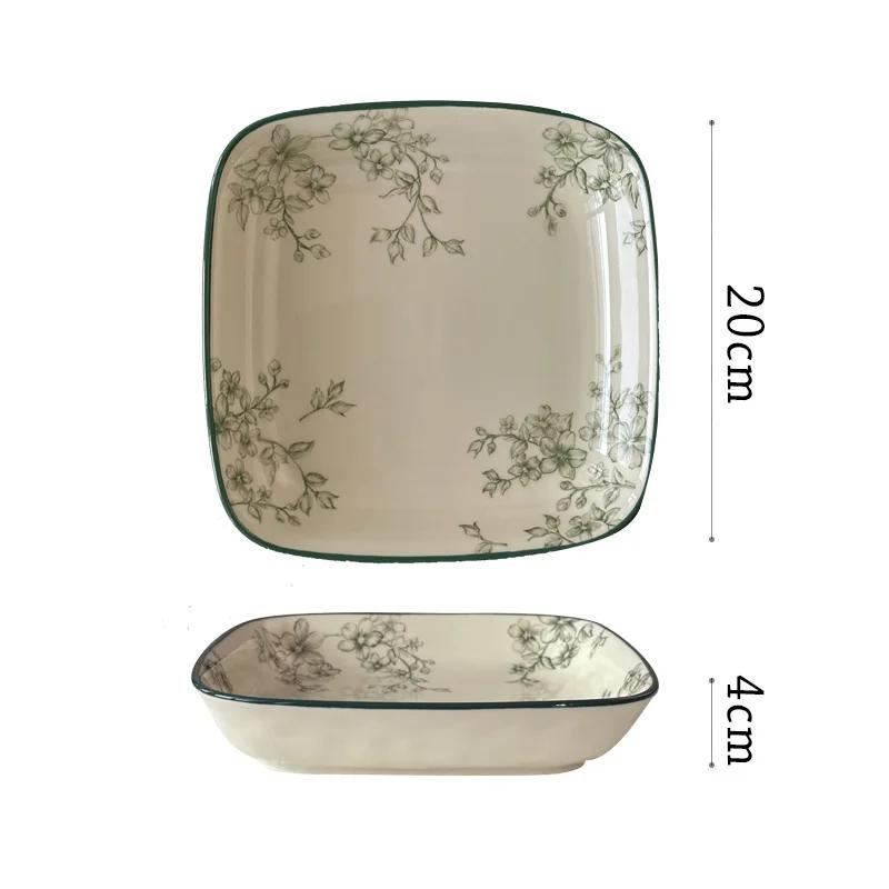 Винтажная керамическая тарелка с зеленым цветком, элитные ресторанные обеденные тарелки, суповые миски, изысканные блюда, глубокая тарелка, бытовая посуда