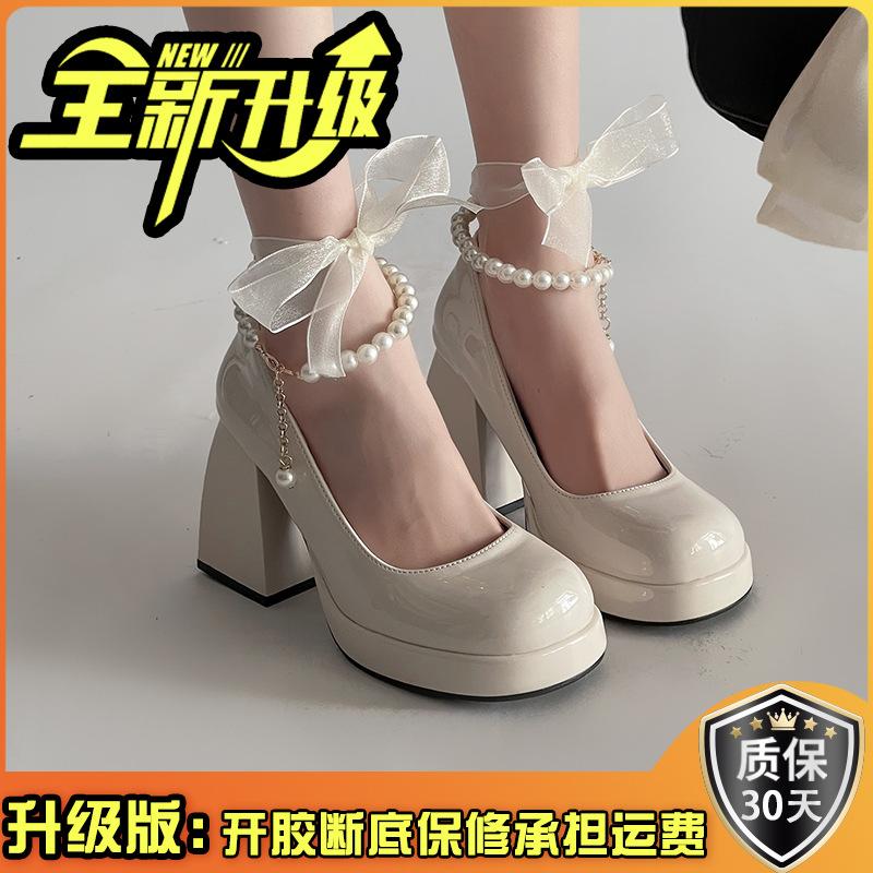 Туфли на высоком каблуке с толстым жемчужным каблуком женские весенние новинки 2025 года в стиле французской феи, простые, с увеличенным каблуком, туфли Мэри Джейн