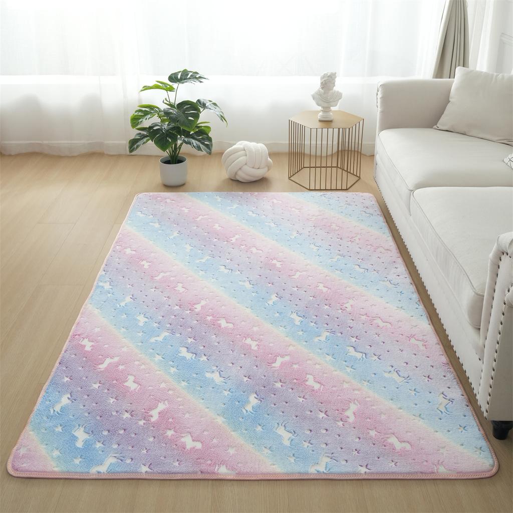 Glow In The Dark Area Rug Rainbow Unicorn Large Stars Pattern Carpet For Kids Room Bedroom Decor