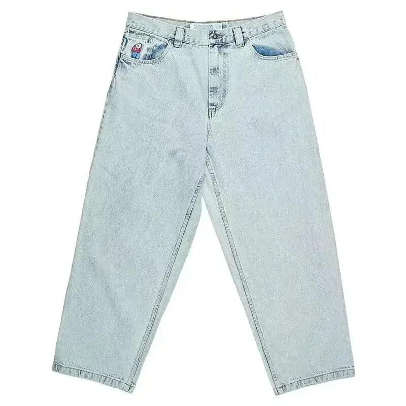 Mens Y2K Streetwear Loose Fit High Waist Denim Jeans With Cartoon Print Straight Leg Mid Rise Stretch Cotton All Season Casual
