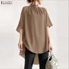 Women Casual Stand Collar Summer Half Sleeve Asymmetrical Hem Blouse