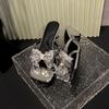 Rhinestone Bow Stiletto Cool Drag Women's Fashion Square Toe Open Toe Slim Strap Anti-Slip Wear-Resistant High Heels