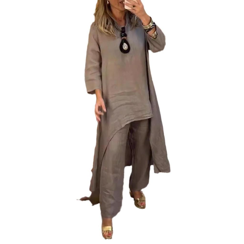 Женский комплект из свободной блузки с асимметричным подолом и брюк широкого кроя в нескольких цветах