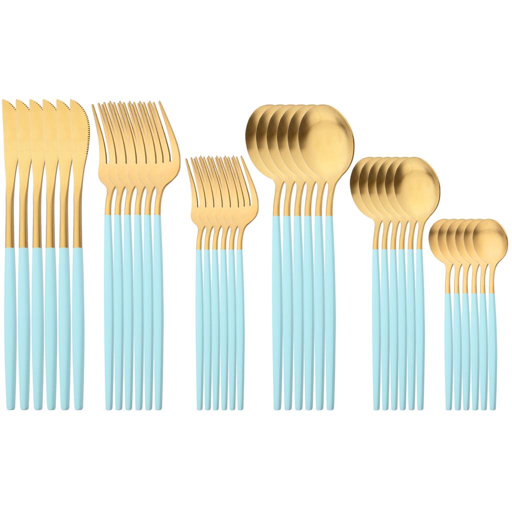 36Pcs Matte Stainless Steel Cutlery Set Mint Gold Dinnerware Set Knife Forks Coffee Spoon Silverware Western Kitchen Tableware