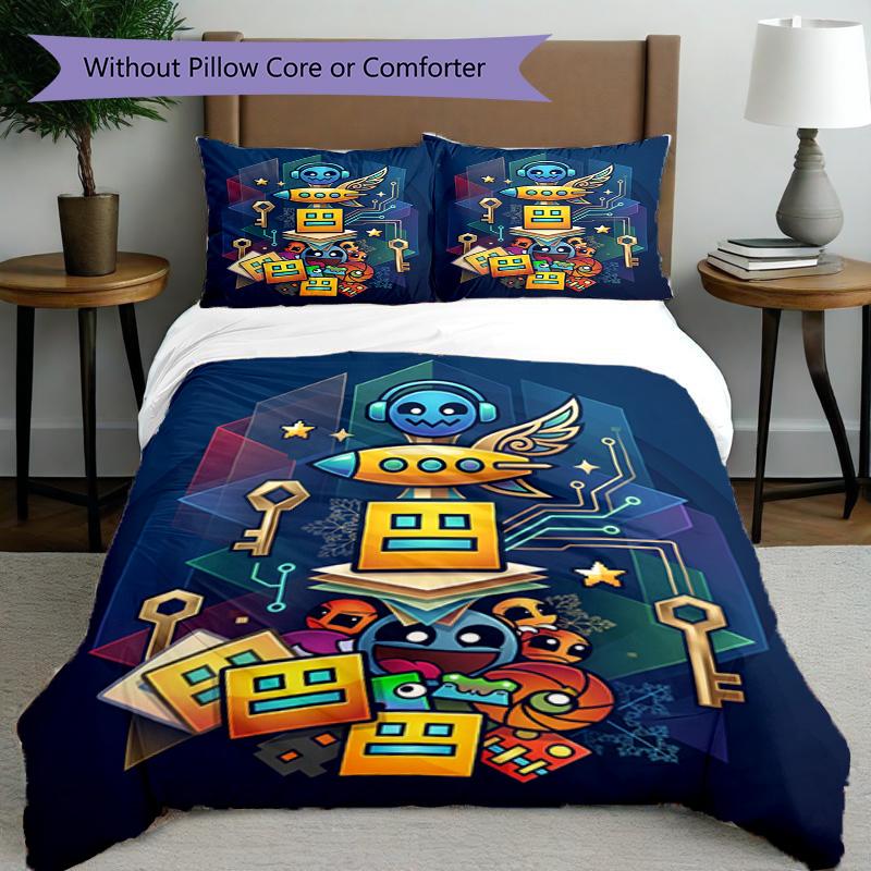 3pcs Duvet Cover Set (1*Duvet Cover + 2*Pillowcase, Without Core), Geometry Dash Print Bedding Set, Bedroom Decor, All‑Season, Birthday Gift