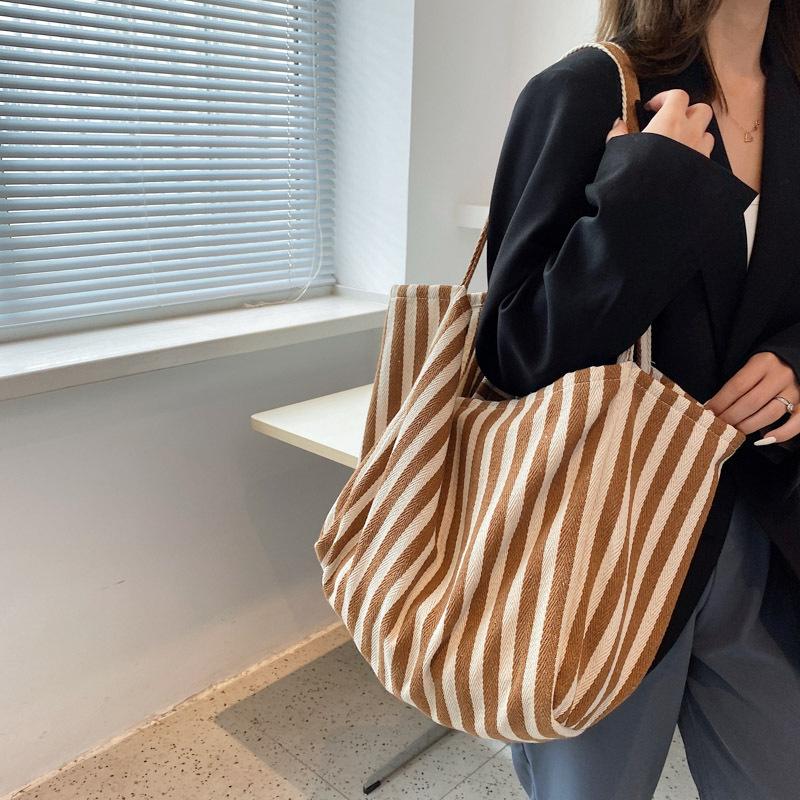 Холщовая сумка большой вместимости для женщин, модная полосатая сумка на плечо, новая сумка с верхней ручкой, дорожная сумка, сумка для покупок