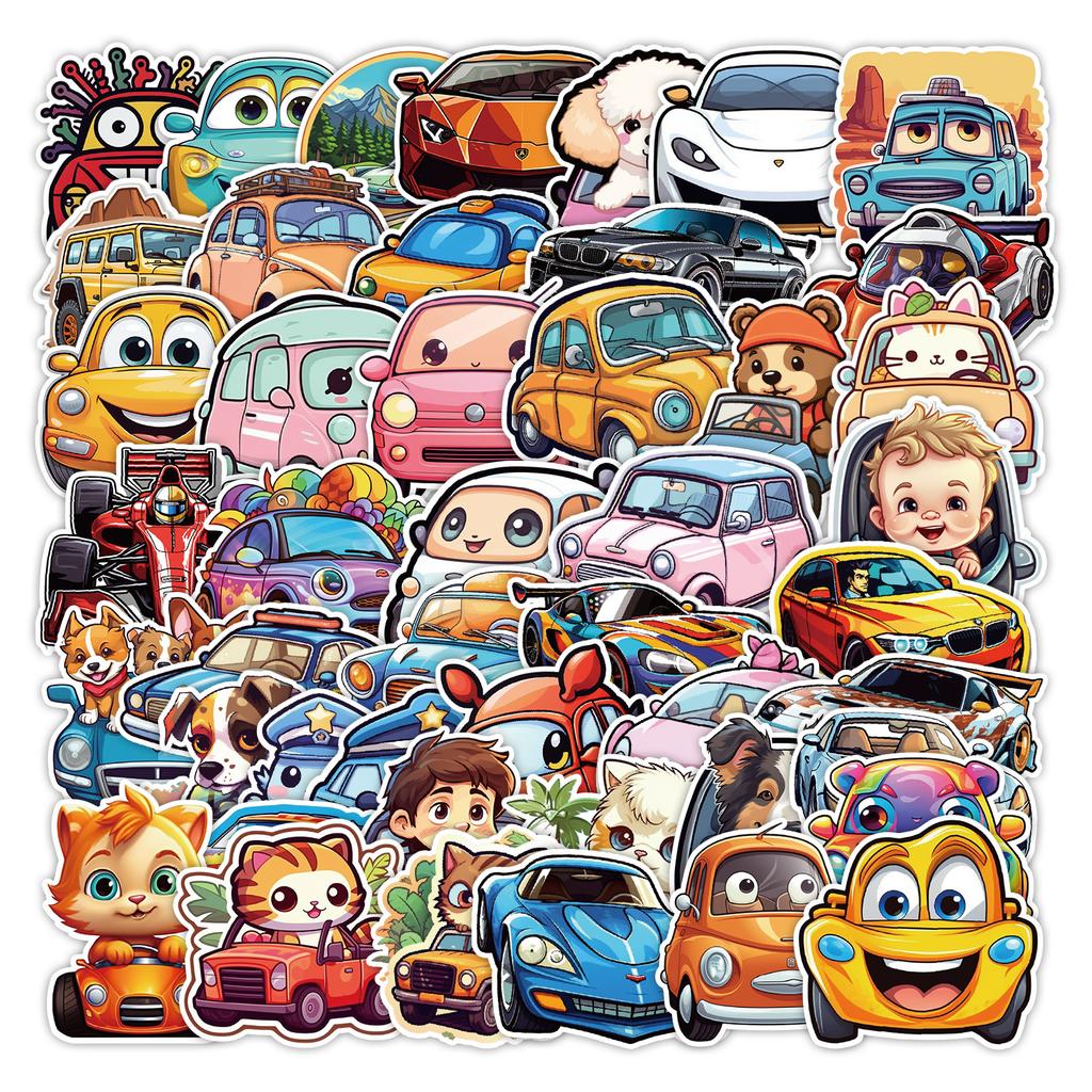 50 Милых Стильных Мультяшных Наклеек-Дудлов с Машинками, Водонепроницаемые Декоративные Наклейки для Чемодана, Наклейки для Детского Ручного Счета