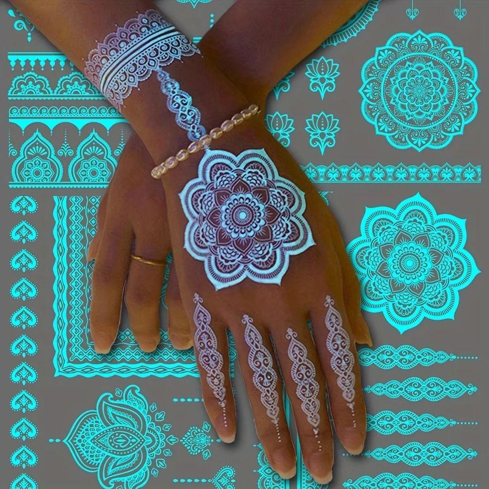 6 Sheets Lasting Henna Tattoo Stickers Blue Luminous Lace Fake Tattoos  Hand Finger