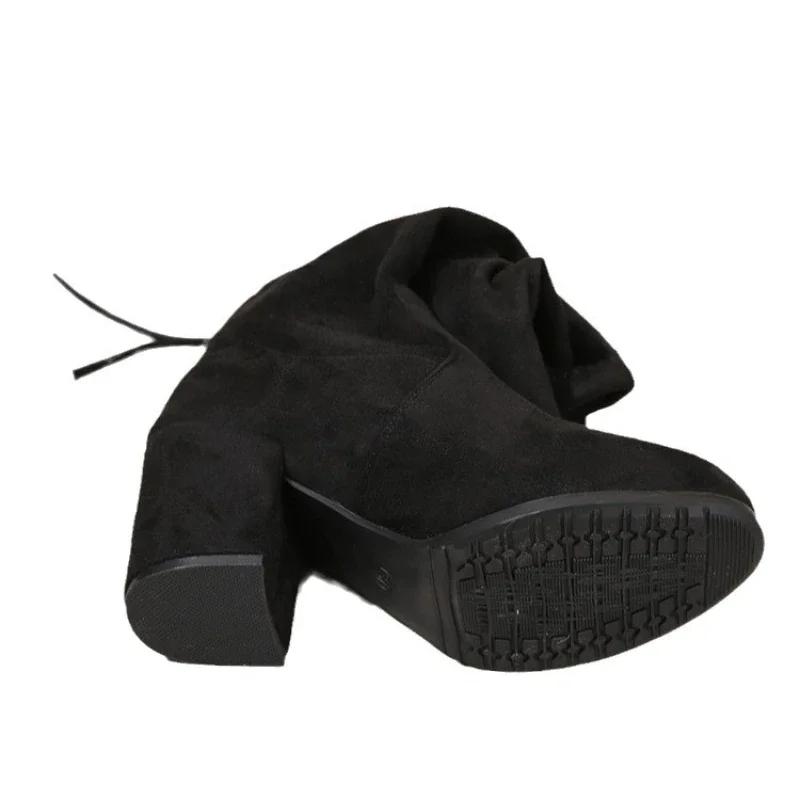 Модные женские туфли на каблуках из искусственной замши, новые зимние эластичные сапоги до колена для женщин, сапоги-трубы со шнуровкой, высокие сапоги на толстом каблуке, черные, Botas Mujer