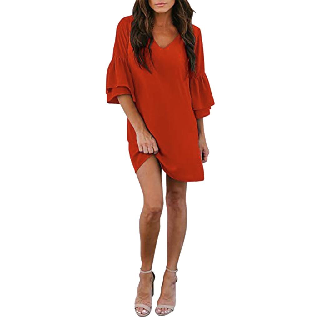 Women's Dress Sweet And Cute V-neck Bell Shaped Sleeves Solid Loose Fitting Dress  Dress