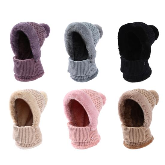Winter Ladies Hat with Scarf Knitted Thick Plush-lined Windproof Pom-pom Hat Full Protecting Cycling Outdoor Cap Elastic Headwear
