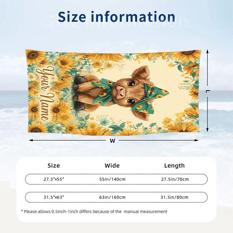 Sunflower Cow Garden 1 Theme Quick Dry Beach Towel Custom Name Text Print Large Sand Resistant Towel Beach Vacation