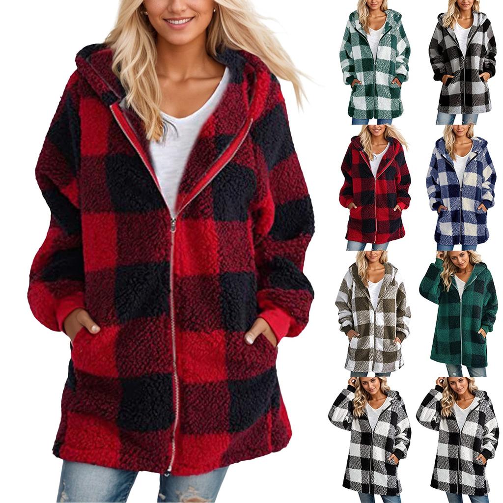 Women's Casual Plush Long Sleeve Plaid Hooded Zipper With Pocket Loose Coat