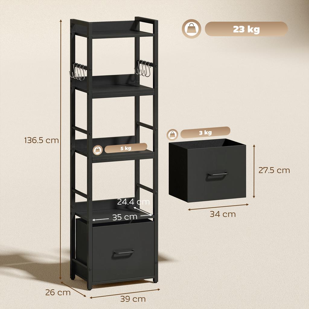 4 Tier Bookshelf Narrow Bookcase With Drawer 8 Hooks Metal Frame Black