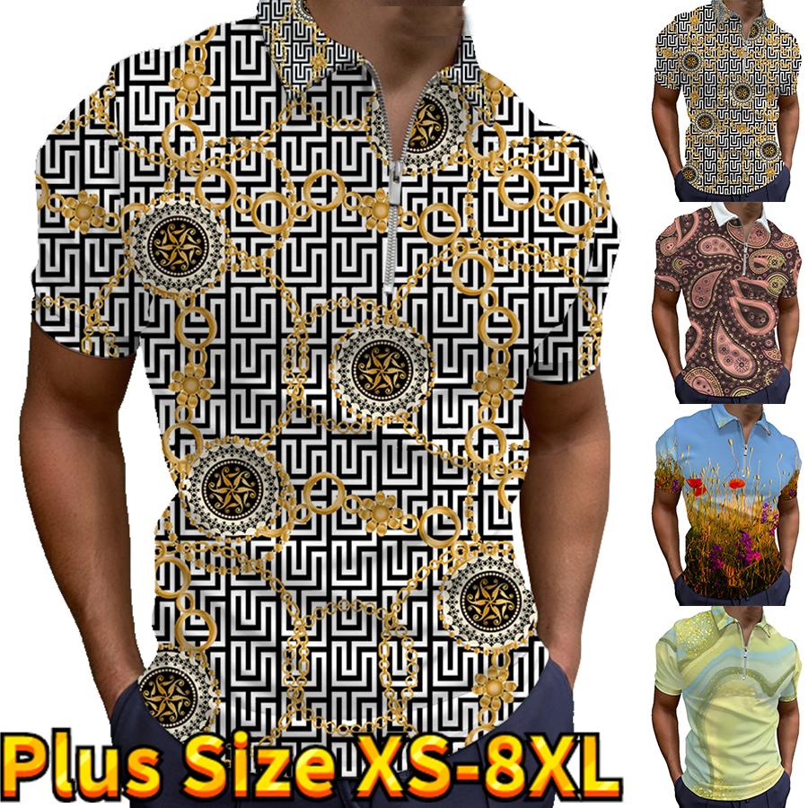 Casual Lapel T-shirt Young Men's Fashion Zipper T-shirt Short Sleeve T-shirt Men's 3D Golden Chain Print T Shirt
