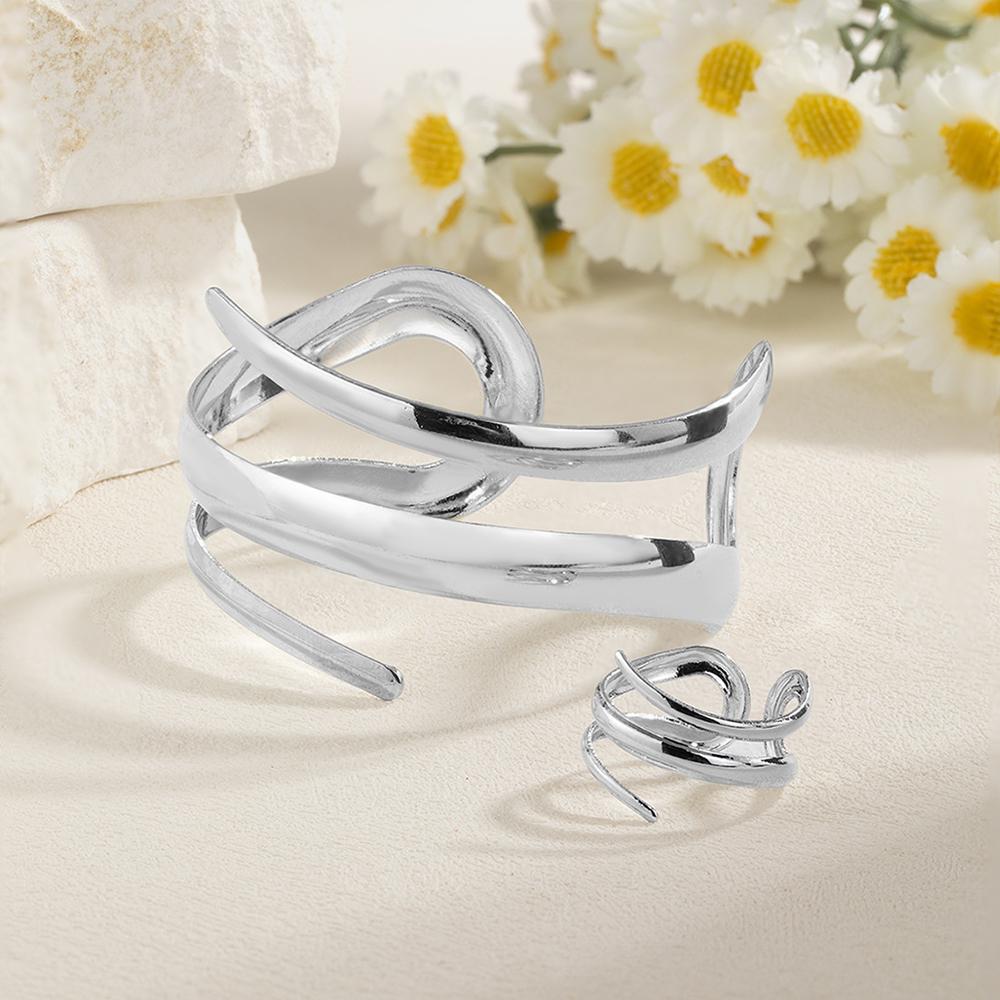Smooth Bracelet and Ring Set Exaggerated Open Bangle Jewelry for Party, Daily Wear