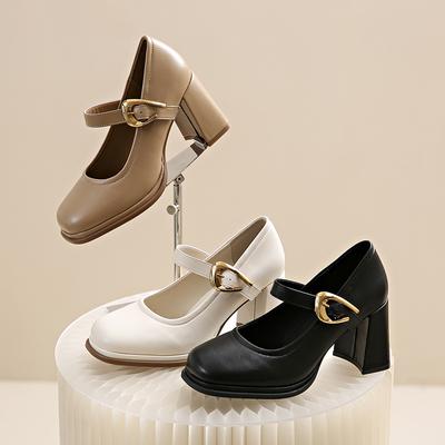 Chunky Heel Mary Jane High Heels Women 2024 Temperament Square Head Black Leather Shoes Shallow Mouth Comfort Loafers Woman