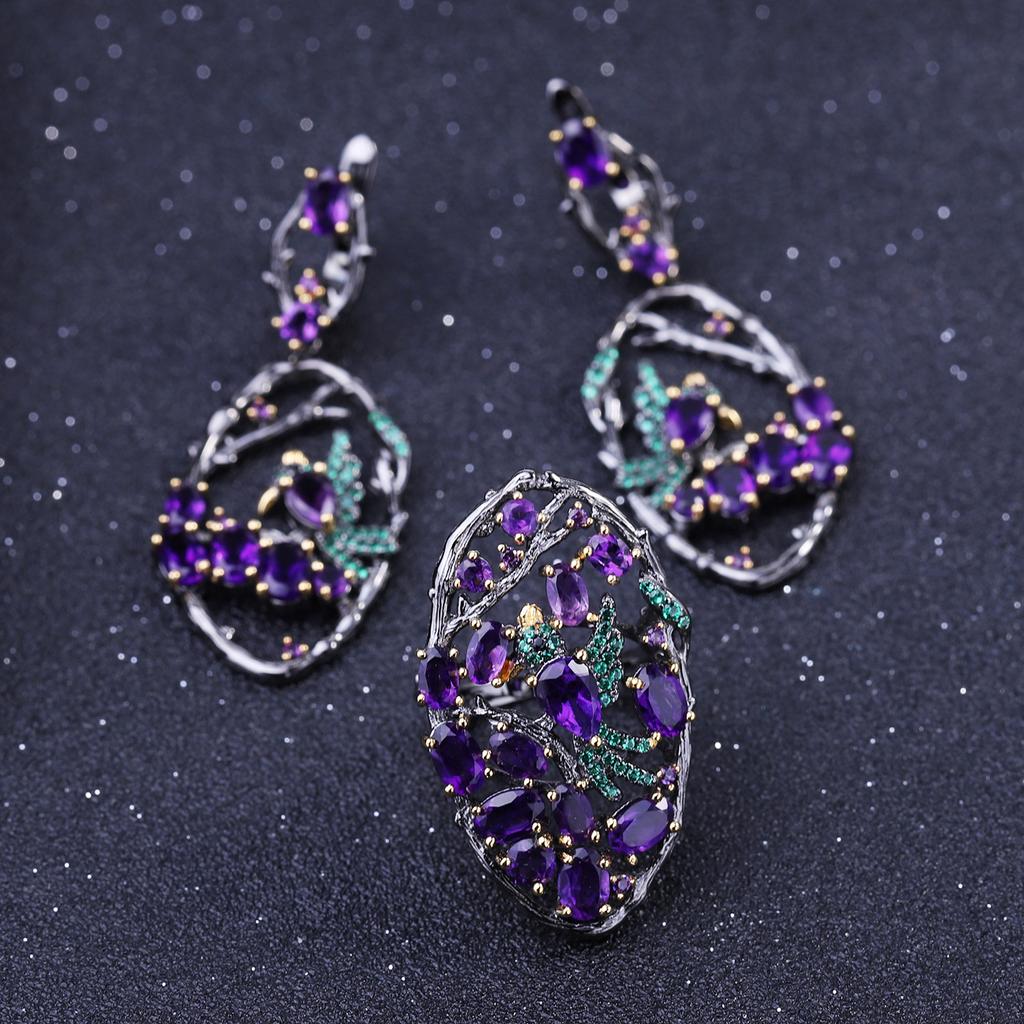 Оригинальные дизайнерские серьги. Серьги «Птицы в кустах» в китайском стиле из серебра 925 пробы с натуральными драгоценными камнями.