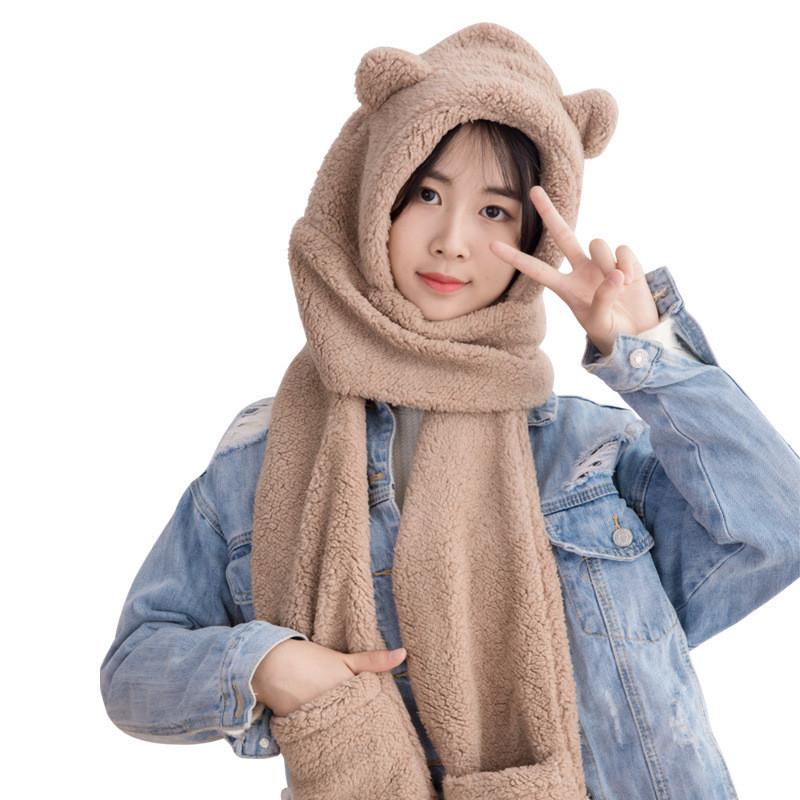 Cute Bear Ear Hat Scarf Gloves Set Winter Women Novelty Caps Warm Casual Plush Hats Casual Solid Fleece Girl Kawaii Accessories
