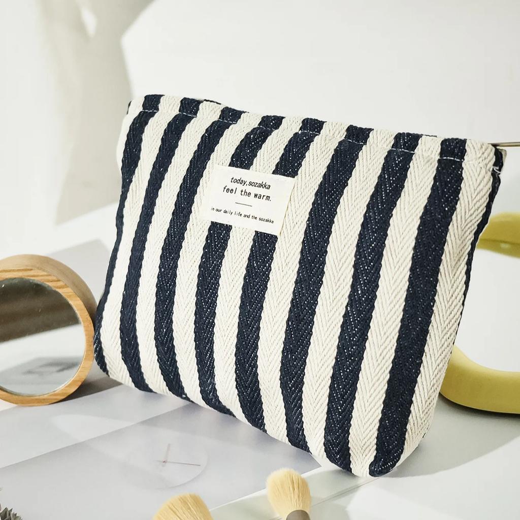 Women Stripe Comestic Case Clutch Pouch Canvas Makeup Storage Bag Women Handbag Portable Toiletry Travel Organizer Case