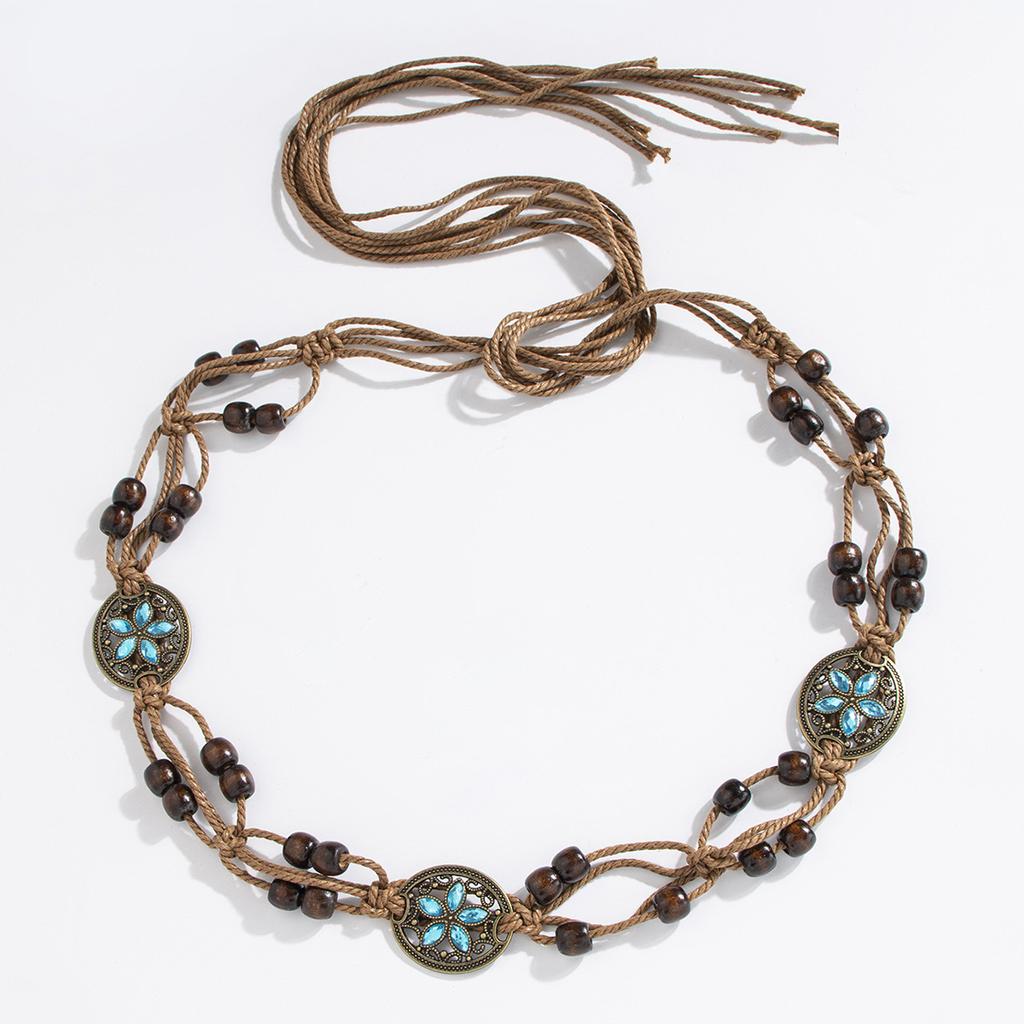 Bohemian Style Butterfly Water Diamond Woven Ethnic Style Handmade Wooden Bead Women's Belt Casual Vacation Style Waist Rope
