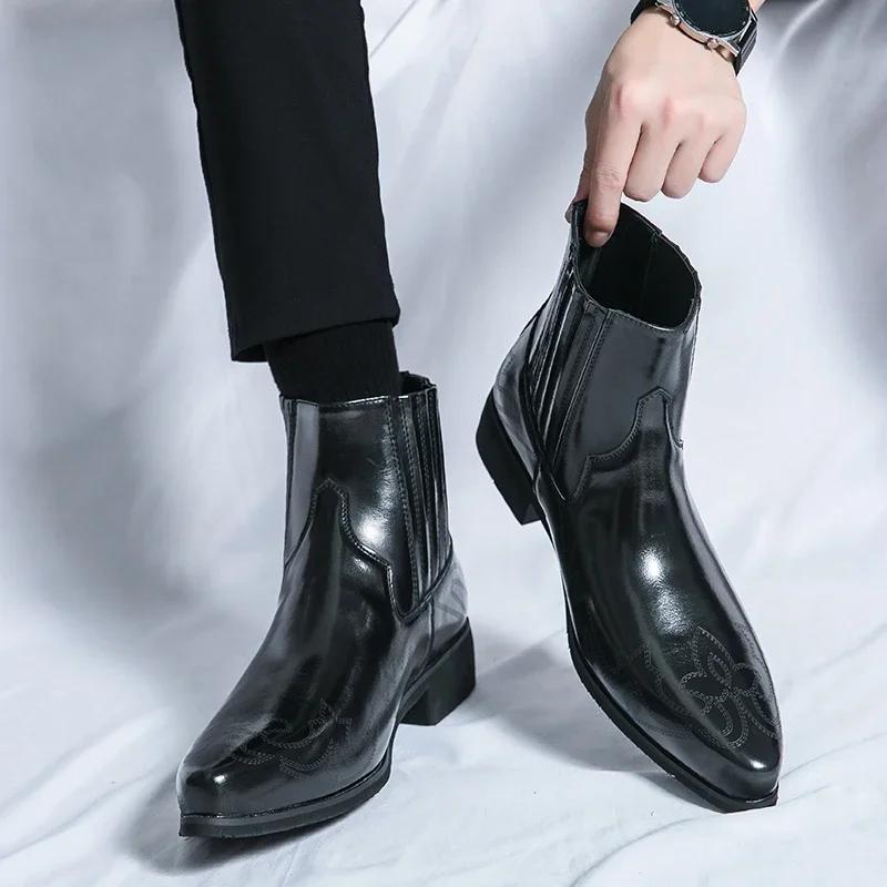 Модные высококачественные удобные мужские ботинки «Челси» на низком каблуке с острым носком и мягкой подошвой. Ботильоны. Новые модные туфли для показа официальных деловых мероприятий.