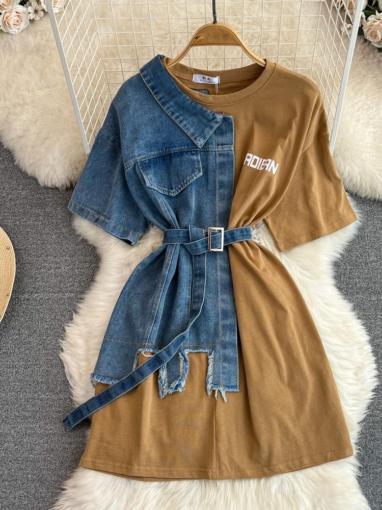 Элегантные летние женские лоскутные джинсовые рубашки, винтажные повседневные тонкие блузки, топы с поясом, женский модный пуловер, одежда, новинка