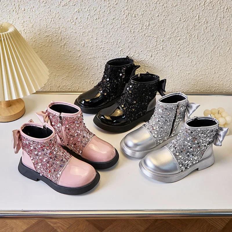 Children Short Boots for Girls Autuumn Winter New Fashion Korean Princess Bowtie Party Outside Versatile Leather Shoe
