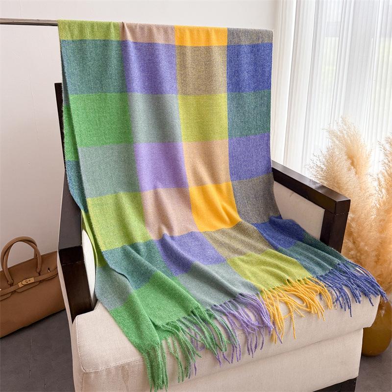 Colorful Checkered Autumn Winter Thicken Warm Scarf For Women Fashion Versatile Commuting Tassel Cashmere Scarves Pashmina