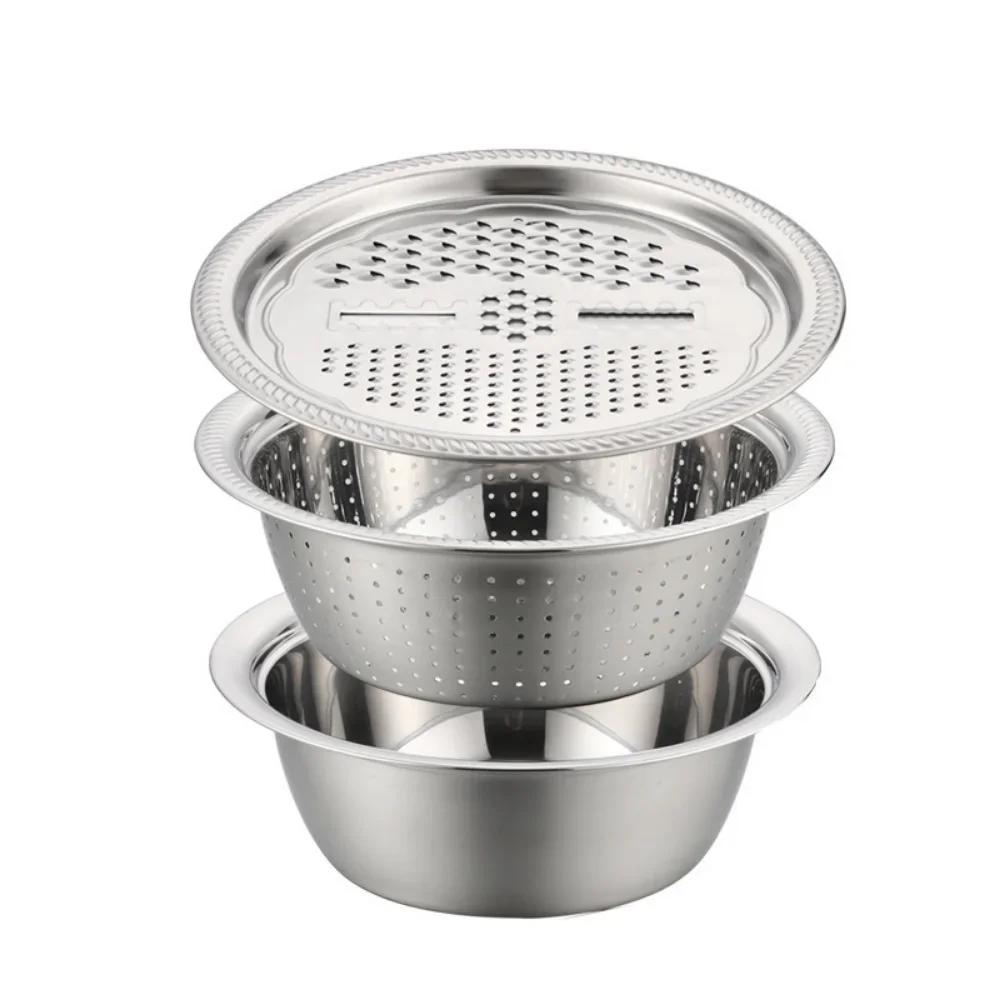 Stainless Steel Multi-Functional Kitchen Grater Set Draining Bowl with Vegetable Washing Mandoline Slicer for Potato