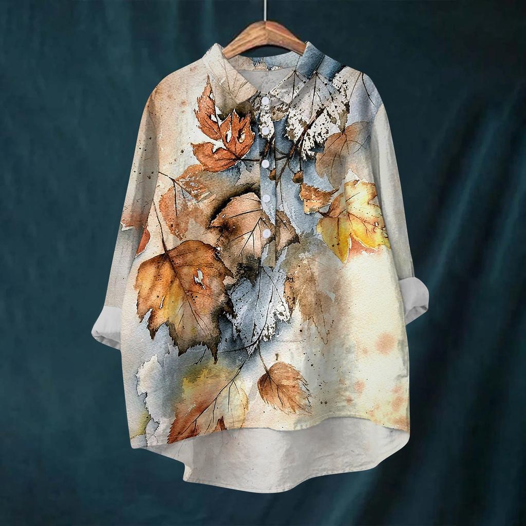 Women's Shirt Blouse Long-sleeved With Buttons Print Casual Hem Irregular Shirt Collar Top