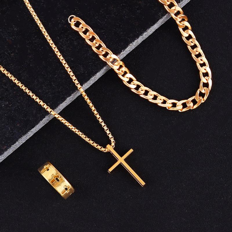 Cross Jewelry Chain Ring Bracelet Necklace 3 Sets