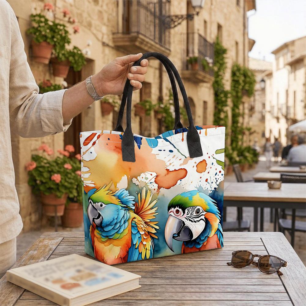 Colorful Parrot Printed Canvas Tote Bag Casual Large Capacity Daily Handbag for Women Outdoor Shopping Travel Carryall Shoulder Bag