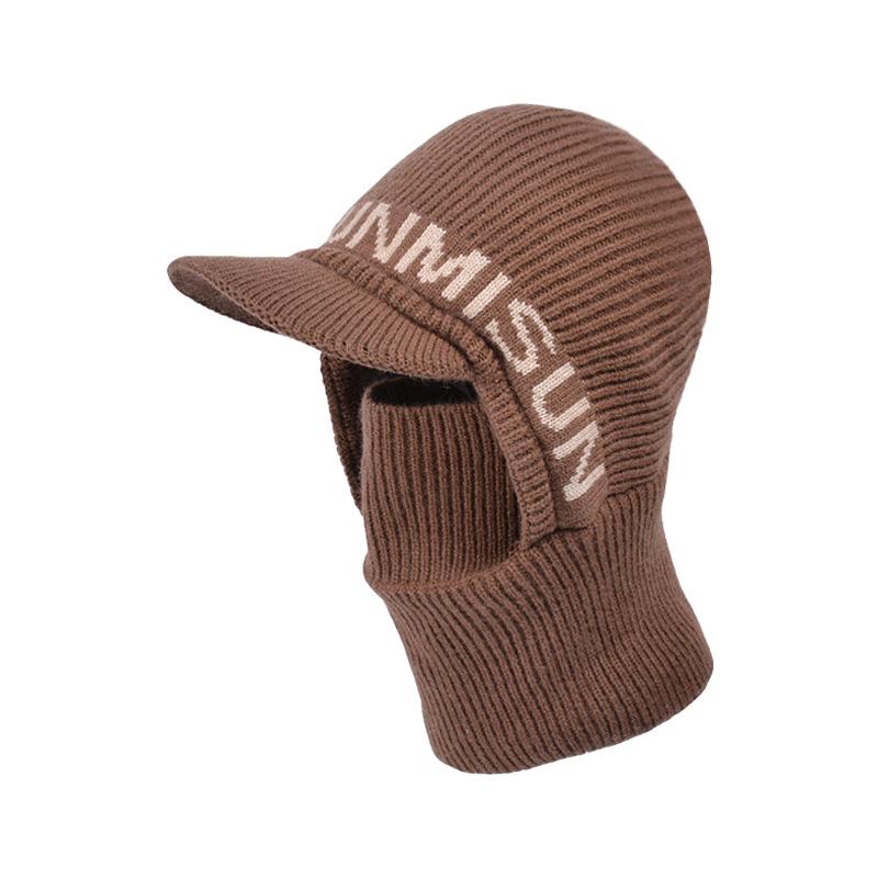 Winter Knitted Mask Scarf Integrated Hat Men's Duck Tongue Pullover Hat Riding Windproof Fleece Ear Protector Wool Hat