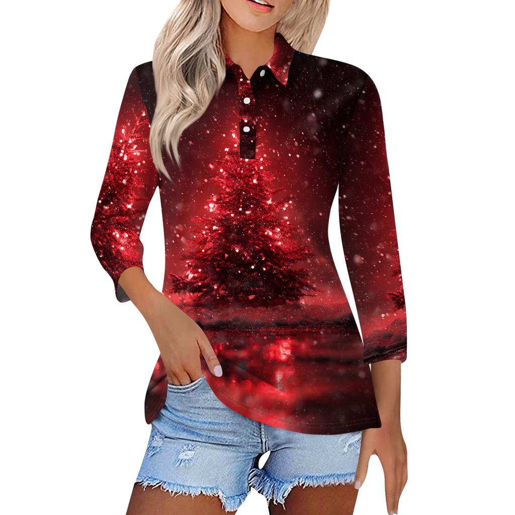 Women's Fashion Casual Lapel Short 3/4 Sleeve Christmas Print Shirt Women's Button Up Tops