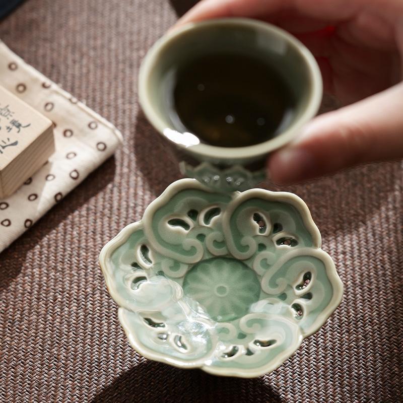 Yue Kiln Celadon High Foot Cup Coaster Heat Insulation Pad Chinese Ceramic Tea Set Accessory Handmade