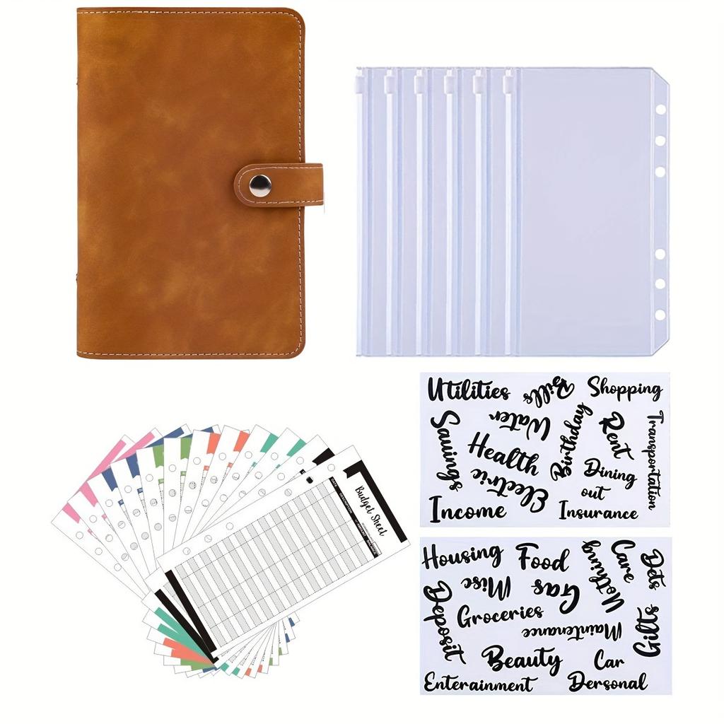 A6 Artificial Leather Button Closure Binder with Cash Envelope Pocket and Replacement Storage Bag, Perfect for Budgeting and Savings in Daily Life
