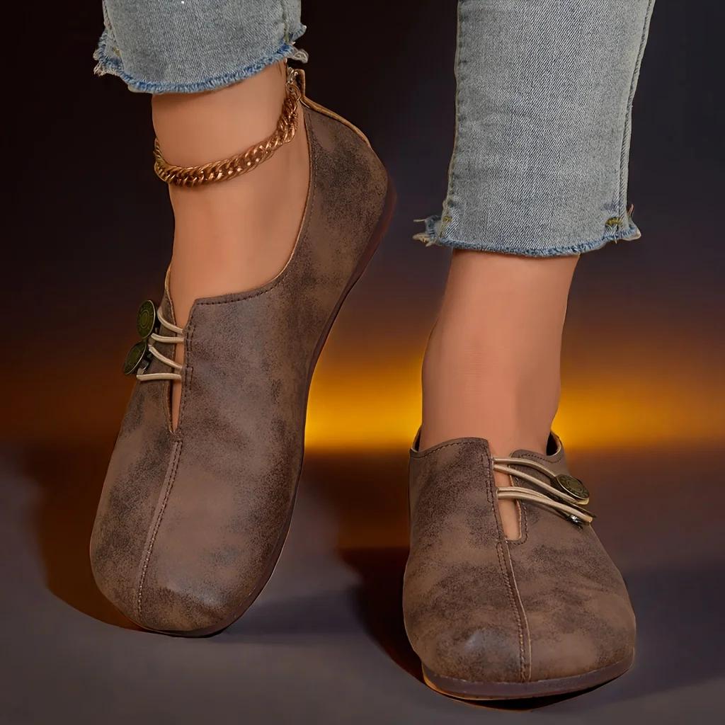 Удобная мягкая подошва с круглым носком, туфли на плоской подошве для женщин, украшенные пряжкой, повседневные дышащие, легкие, без застежек