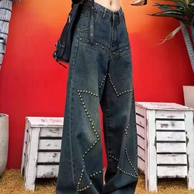 Women's Spring American Style High Street Rivet and Star Embellished Washed Jeans Loose Fit Slimming Retro Design Wide Leg Pants
